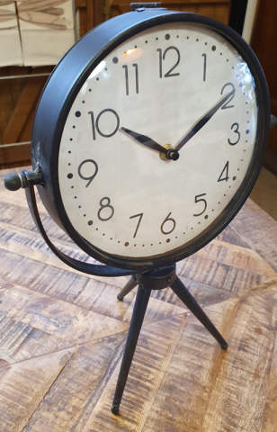 Horloge bureau noire sur trépied vintage en verre et métal